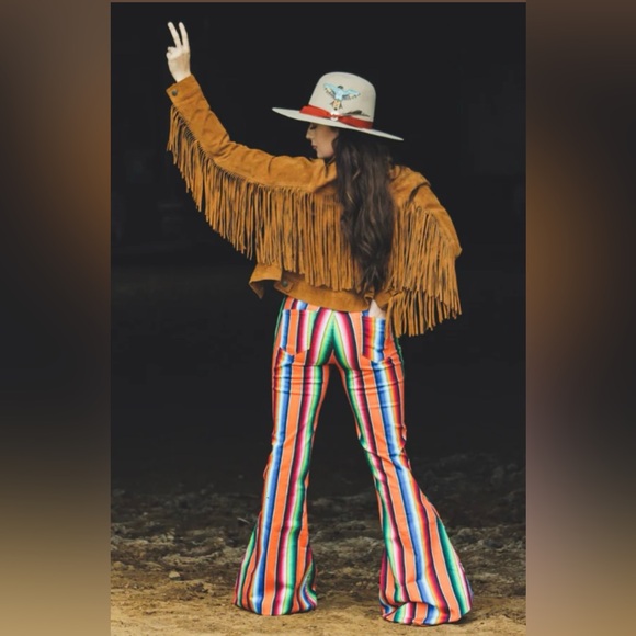 New Ranch Dressn Fallon Taylor Orange Serape Super Flares Flare Denim Jeans 00 - Picture 9 of 12